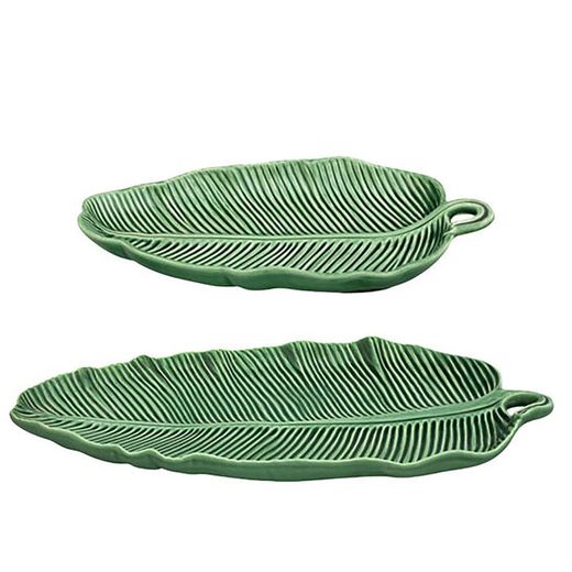 Groen aardewerken schaal M, 39 x 26 x 4 cm | bananen bladeren