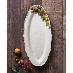 Ovale Fayenceschale in Weiß und Mehrfarbig, 39,5 x 19 x 3,3 cm | Weihnachtskranz