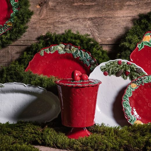 Ovale Fayenceschale in Weiß und Mehrfarbig, 39,5 x 19 x 3,3 cm | Weihnachtskranz