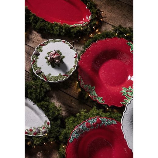 Ovale Fayenceschale in Weiß und Mehrfarbig, 39,5 x 19 x 3,3 cm | Weihnachtskranz