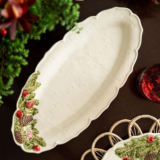 Ovale Fayenceschale in Weiß und Mehrfarbig, 39,5 x 19 x 3,3 cm | Weihnachtskranz