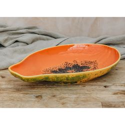 Papaya plate made of orange and yellow earthenware, 35 x 23.5 x 5.4 cm | Tropical Fruits