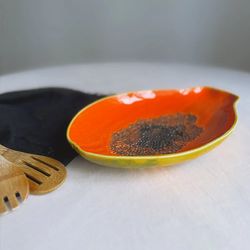 Papaya plate made of orange and yellow earthenware, 35 x 23.5 x 5.4 cm | Tropical Fruits