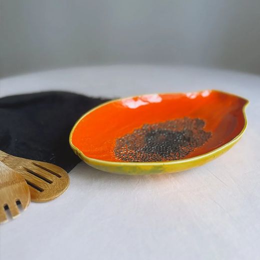 Papaya plate made of orange and yellow earthenware, 35 x 23.5 x 5.4 cm | Tropical Fruits