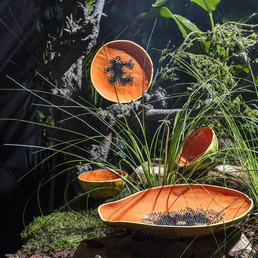 Papaya plate made of orange and yellow earthenware, 35 x 23.5 x 5.4 cm | Tropical Fruits
