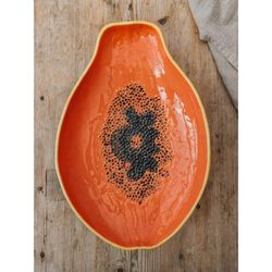Papaya plate made of orange and yellow earthenware, 35 x 23.5 x 5.4 cm | Tropical Fruits