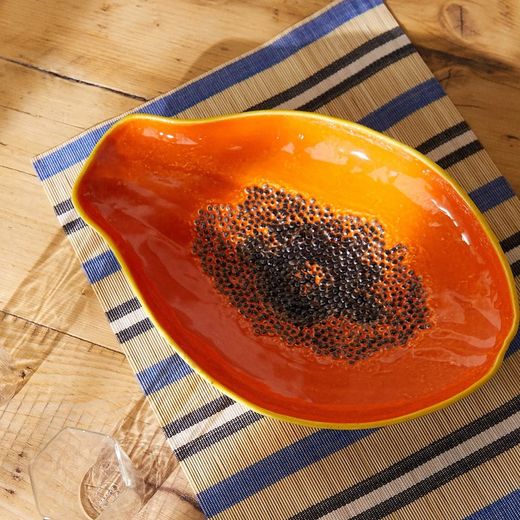 Papaya plate made of orange and yellow earthenware, 35 x 23.5 x 5.4 cm | Tropical Fruits