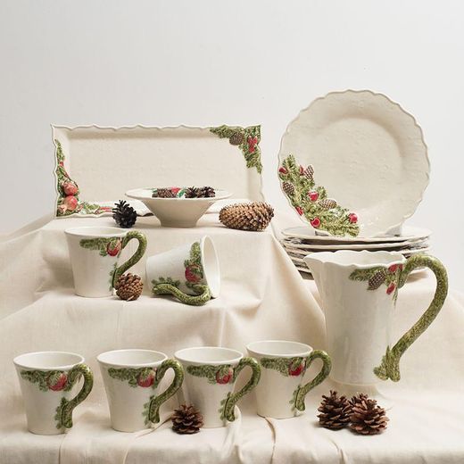 Plat rectangulaire en faïence blanc et multicolore, 43 x 18,5 x 5 cm | Couronne de Noël