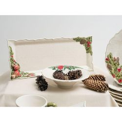 Plat rectangulaire en faïence blanc et multicolore, 43 x 18,5 x 5 cm | Couronne de Noël