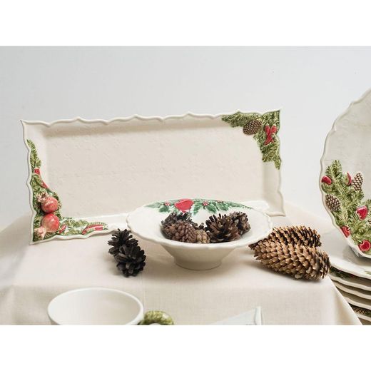 Plat rectangulaire en faïence blanc et multicolore, 43 x 18,5 x 5 cm | Couronne de Noël