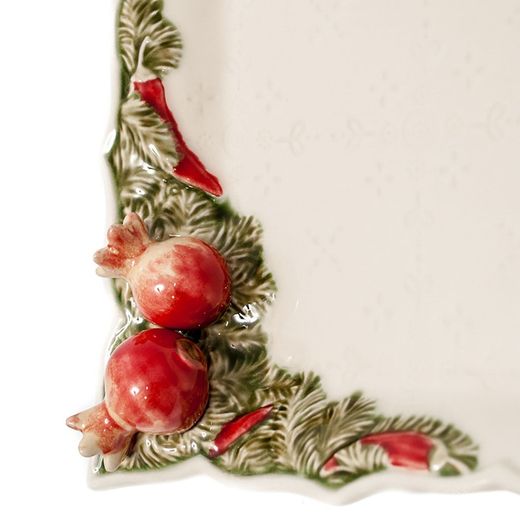 Plat rectangulaire en faïence blanc et multicolore, 43 x 18,5 x 5 cm | Couronne de Noël