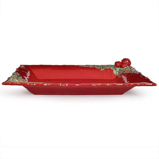 Rektangulärt fajansfat i rött och flerfärgat, 50 x 38 x 8,5 cm | Julkrans