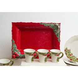 Rektangulärt fajansfat i rött och flerfärgat, 50 x 38 x 8,5 cm | Julkrans