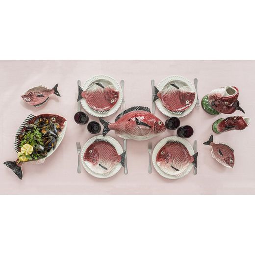 S dish made of earthenware in maroon and white, 27 x 14 x 3 cm | Fish