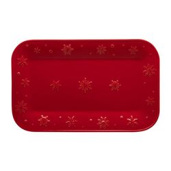 Fayence S Platte in Rot, 34,5 x 21,5 x 2,8 cm | Schneeflocken