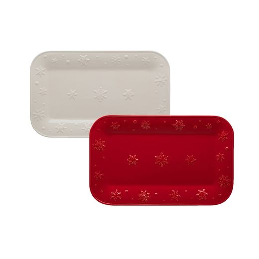 Fayence S Platte in Rot, 34,5 x 21,5 x 2,8 cm | Schneeflocken
