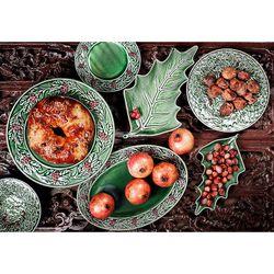 Fajansowy talerz S w kolorze zielonym i czerwonym, 27,5 x 15,5 x 3 cm | Ostrokrzew