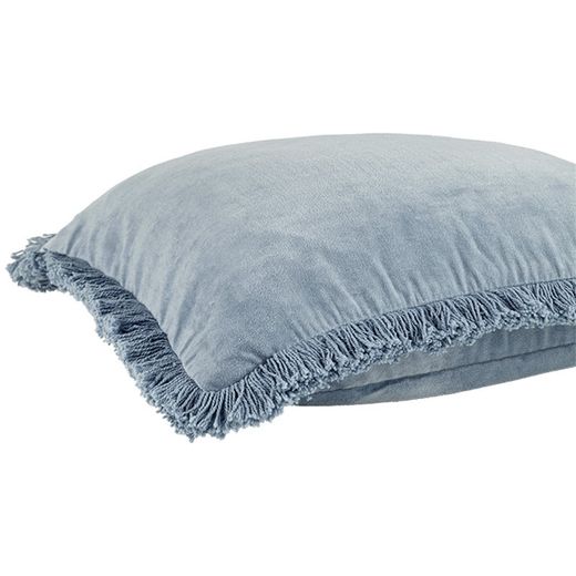 Housse de coussin velours frangé bleu glace 45 x 45 cm