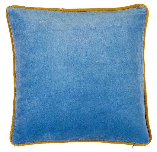 Housse de coussin velours bleu / jaune et coton bio 45 x 45 cm