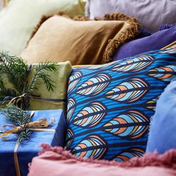 Housse de coussin velours bleu / jaune et coton bio 45 x 45 cm