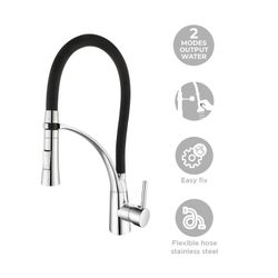 Robinet de cuisine en laiton et silicone noir et argent, 8 x 23 x 43 cm | Éclaboussure