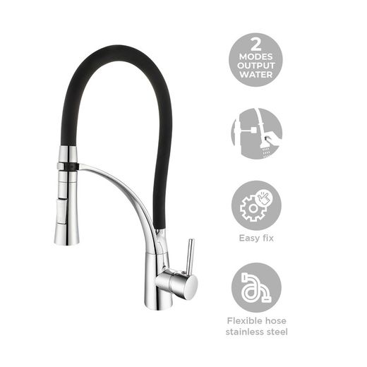 Robinet de cuisine en laiton et silicone noir et argent, 8 x 23 x 43 cm | Éclaboussure