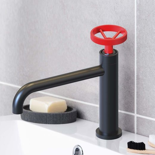 Messing wastafelkraan in zwart en rood, 6,7 x 23,5 x 20 cm | Chillout Delta