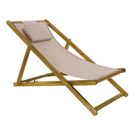 Hamaca Plegable con Reposacabezas de Acacia Beige, 58x110x82 cm