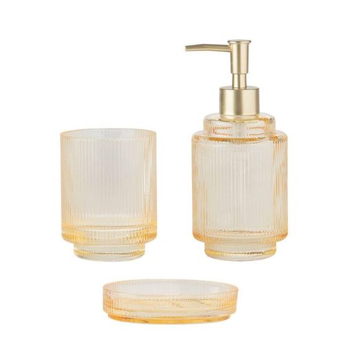 Set Salle De Bain Elorisse - Distributeur Savon, Boîte, Verre Avec Fleurs Séchées - Transparent/jaune, Style Campagne