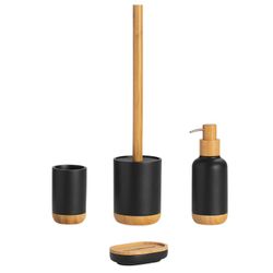 Black polyresin and bamboo bathroom set, 4 pieces