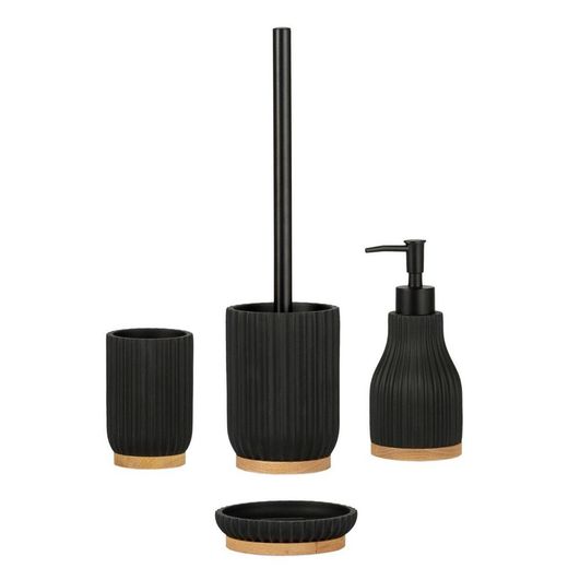 Black polyresin and wood bathroom set, 4 pieces | Shell