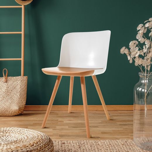 JAUNTI-Stuhl aus natürlichem Buchenholz und weißem Polycarbonat, 55 x 46,5 x 77,5 cm