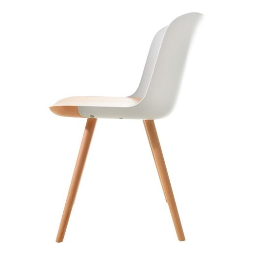 JAUNTI-Stuhl aus natürlichem Buchenholz und weißem Polycarbonat, 55 x 46,5 x 77,5 cm