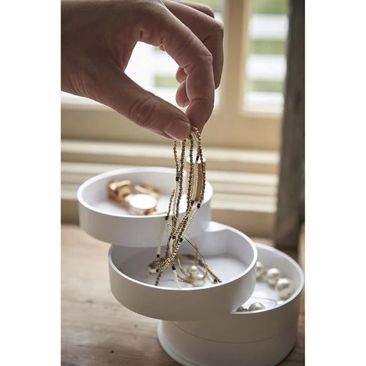 Boîte à bijoux avec 4 niveaux en ABS et bois blanc et naturel, Ø 10 x 12 cm | Tosca
