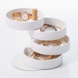 Boîte à bijoux avec 4 niveaux en ABS et bois blanc et naturel, Ø 10 x 12 cm | Tosca