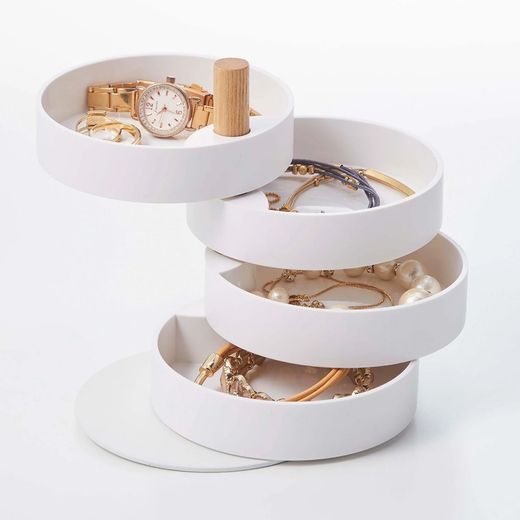 Boîte à bijoux avec 4 niveaux en ABS et bois blanc et naturel, Ø 10 x 12 cm | Tosca
