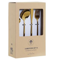 Coffret de 16 couverts en acier doré, 30 x 26 x 32 cm | élégant