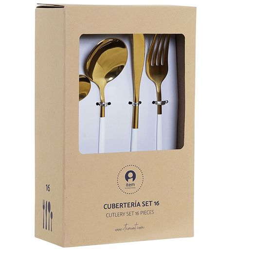 Juego de 16 cubiertos de acero en dorado y blanco, 30 x 26 x 32 cm | Chic