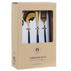 Coffret de 16 couverts en acier doré et noir, 30 x 26 x 32 cm | élégant