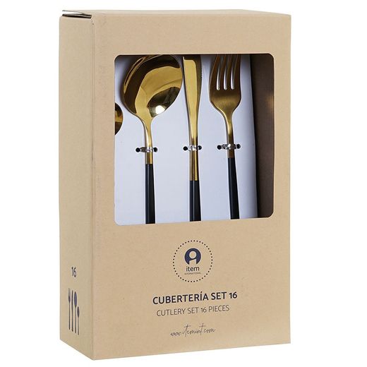 Coffret de 16 couverts en acier doré et noir, 30 x 26 x 32 cm | élégant