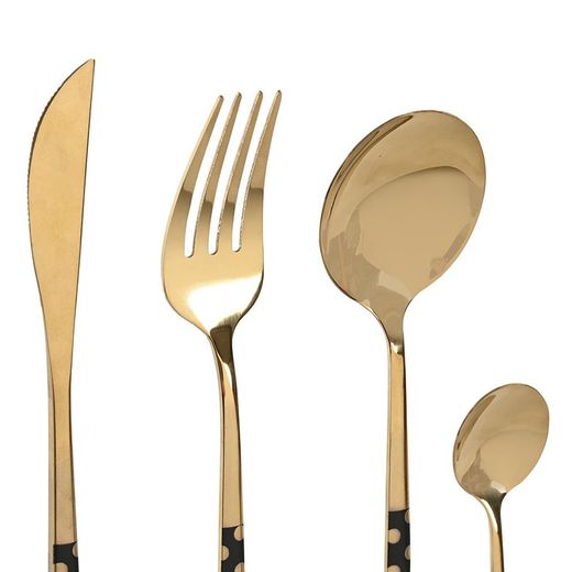 Set van 16 stalen bestek in goud en zwart, 30,5 x 26,5 x 32,5 cm | Mollen