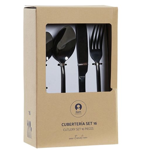 Set of 16 steel cutlery in black, 29.5 x 26 x 32 cm | Plain Chic