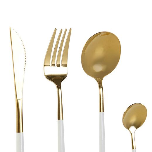 Conjunto de 24 talheres em aço dourado e branco, 32 x 26 x 32 cm | chique