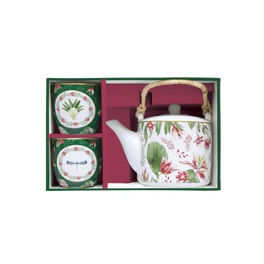 Mehrfarbiges Porzellan-Teekanne und 2 Gläser-Set | Botanik