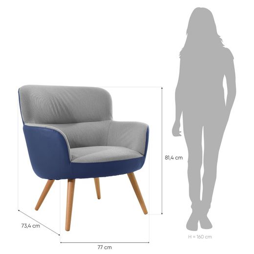 KAI-Bicolor gestoffeerde fauteuil blauw en grijs, 77x 73,4 x 81,4 cm