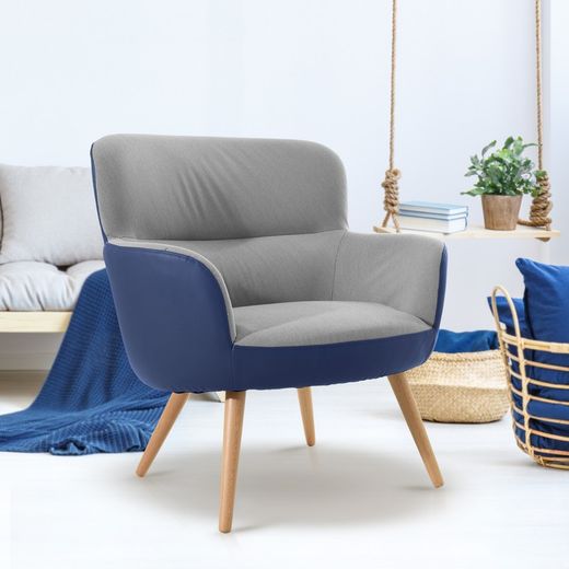 KAI-Bicolor gestoffeerde fauteuil blauw en grijs, 77x 73,4 x 81,4 cm