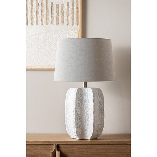 Lampe de table en céramique et lin blanc et beige, Ø 38 x 60 cm | Queïla