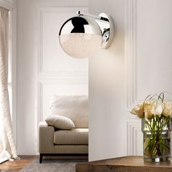 Candeeiro de parede LED prateado com esfera de metal, 12x18x17cm