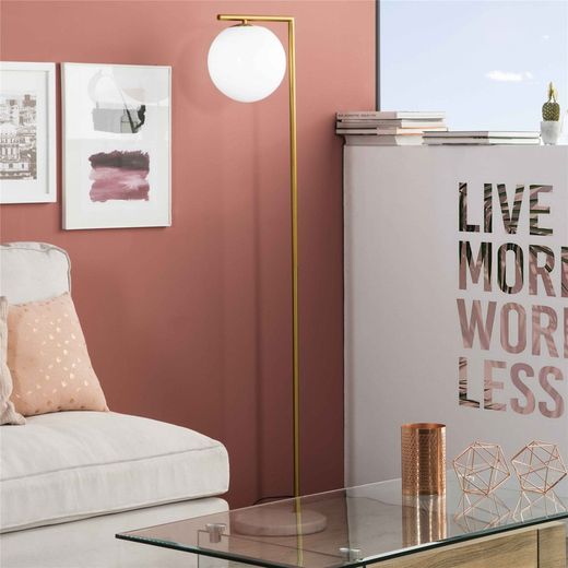 Lámpara de Pie Blanca y Dorada con Pie de Mármol Blanco 32x28x163 cm