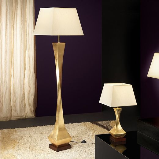 Vloerlamp in hout, metaal en bladgoud Deco goud, 43x43x172cm